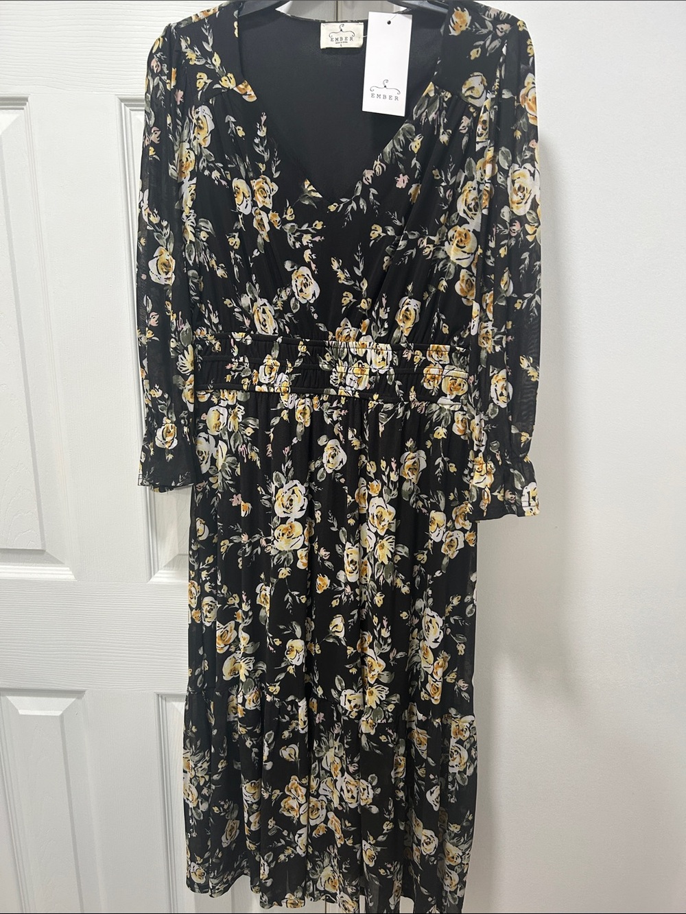 Black Floral Midi Dress - Yellow Rose Print